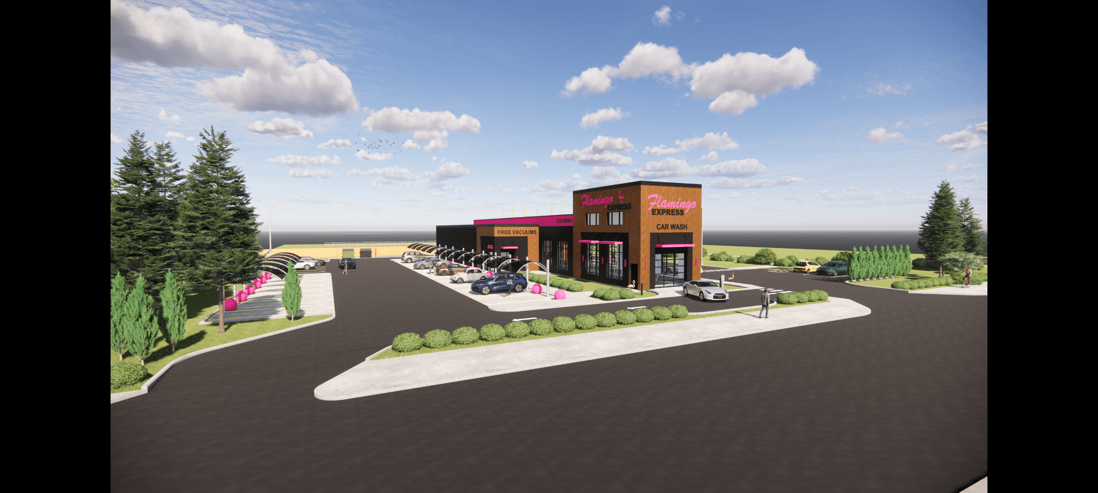 Render of Flamingo Express showing the 18-stall free vacuum lane and main wash bays.